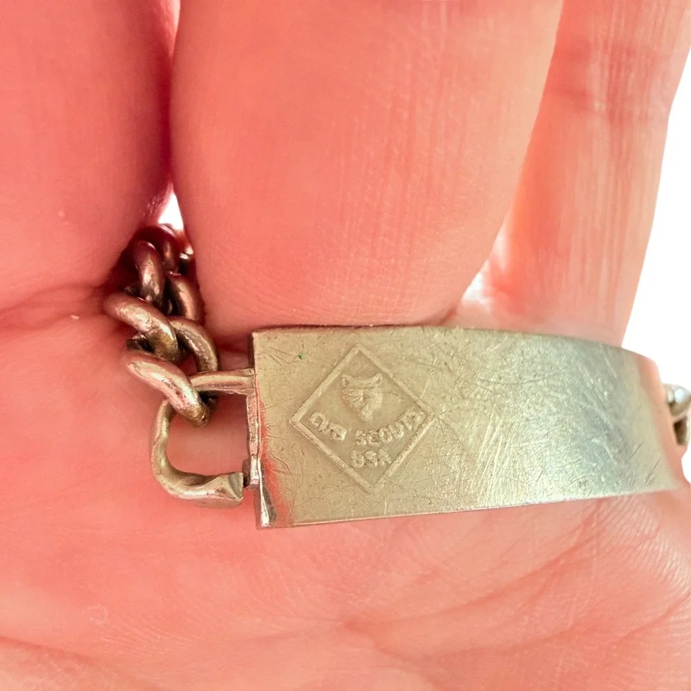 Vintage Cub Scouts BSA ID‎ Bracelet Nickel Silver Wolf Logo Curb Chain 6.5